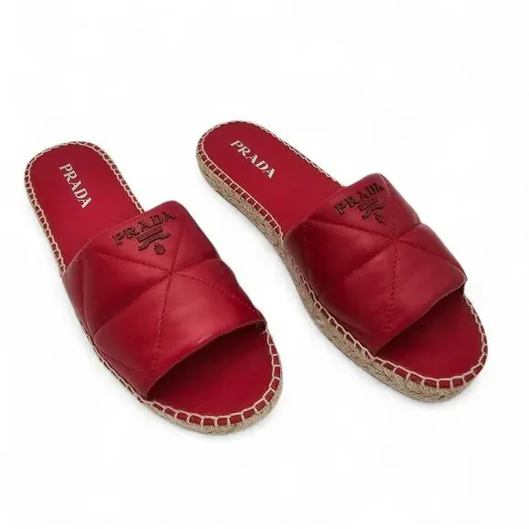 Prada Logo Flat Slide Espadrille Sandal Quilted Red Leather Size 41 US 11 - Picture 2 of 10